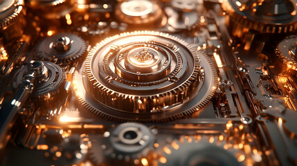 Poster - A close-up view of intricate metallic gears and machinery with a warm, glowing finish.