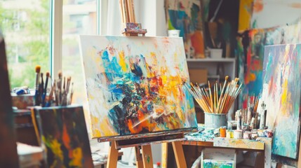 Poster - A colorful painting studio filled with canvases and brushes, Painting tools meticulously arranged on easels, Artistic studio style