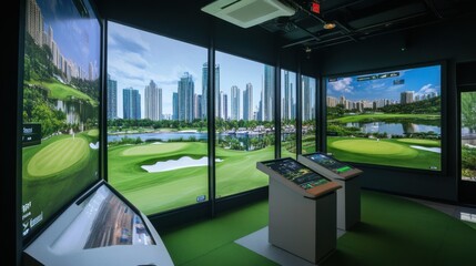 Poster - A contemporary golf simulator room with panoramic city views, Virtual fairways on sleek screens, Urban gaming style