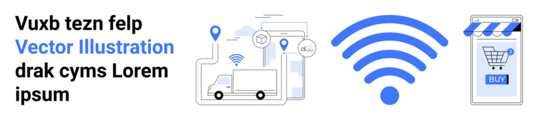 Poster - Wireless signal connecting truck with location signs and online shopping. Ideal for logistics, e-commerce, technology, delivery services, online shopping, wireless networks, smart devices. Landing