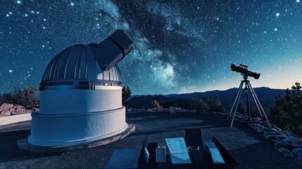 Poster - A cozy astronomy observatory with telescopes and star charts, Telescopes arranged under a clear night sky, Astronomical exploration style