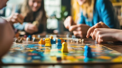 Poster - A cozy board game café with board games and refreshments, Board games set up on café tables, Casual café style