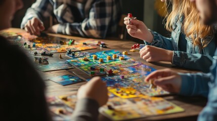Poster - A cozy board game café with board games and refreshments, Board games set up on café tables, Casual café style