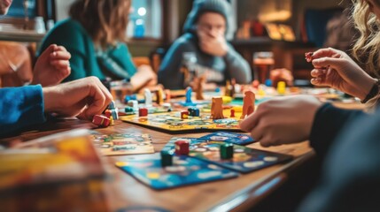 Poster - A cozy board game café with tabletop games and refreshments, Board games set up on café tables, Casual café style