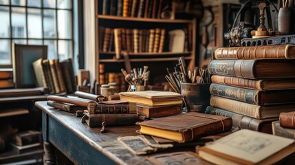 Poster - A cozy bookbinding studio with antique tools and stacks of leather-bound books, Worktable cluttered with stitching materials and historical volumes, Vintage artisanal style