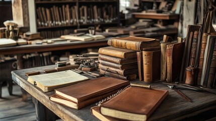 Poster - A cozy bookbinding studio with antique tools and stacks of leather-bound books, Worktable cluttered with stitching materials and historical volumes, Vintage artisanal style