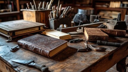 Poster - A cozy bookbinding workshop with antique tools, Leather-bound books in various stages of binding, Historical artisan style