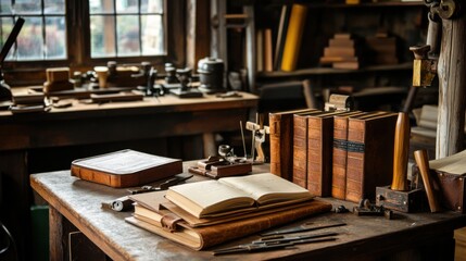 Poster - A cozy bookbinding workshop with antique tools, Leather-bound books in various stages of binding, Historical artisan style