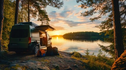 Wall Mural - A cozy camper van setup at a secluded lakeside campsite, Camping gear against tranquil waters, Lakeside retreat style