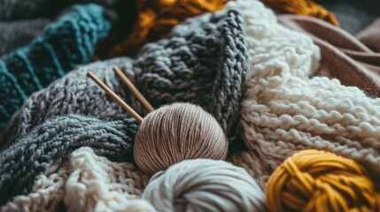 Poster - A cozy knitting circle with knitting needles and yarn, Handcrafted garments taking shape, Artistic home studio style