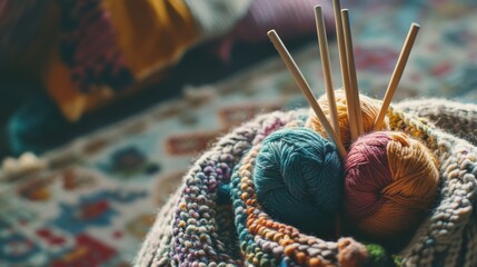 Aufkleber - A cozy knitting circle with yarn and knitting needles, Handcrafted knitting craftsmanship style, photo of