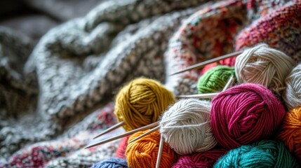 Aufkleber - A cozy knitting corner with colorful yarn and needles, Knitted creations in progress, Artistic home studio style