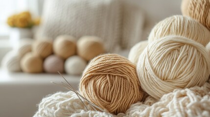 Aufkleber - A cozy knitting workshop with yarn and needles, Knitting patterns displayed neatly, Handcrafted style