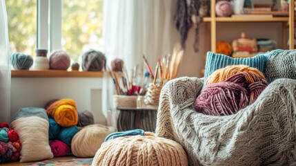 Poster - A cozy knitting studio with yarn and knitting needles, Knitter's sanctuary amidst colorful skeins of yarn and cozy decor, Handcrafted textile style