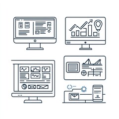 Poster - Four computer screens displaying various data dashboards and analytics.