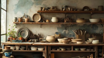 Poster - A cozy pottery workshop with pottery tools and artisanal ceramics, Pottery tools arranged on wooden workbenches, Artisanal pottery style