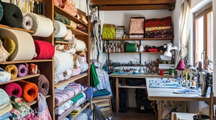 Aufkleber - A cozy sewing room filled with fabrics and sewing tools, Sewing tools arranged on worktables and shelves, Cozy home style