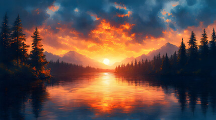 Sticker - A serene sunset over a tranquil lake, surrounded by mountains and evergreen trees.