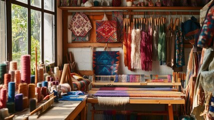 Poster - A cozy textile art studio with weaving tools and colorful yarns, Weaving tools arranged in a textile studio space, Artistic studio style
