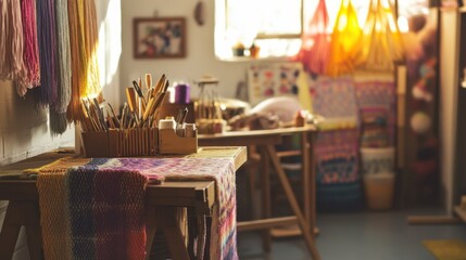 Poster - A cozy textile art studio with weaving tools and colorful yarns, Weaving tools arranged in a textile studio space, Artistic studio style