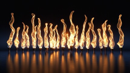 Poster - Many fiery flames burning brightly, reflected in dark surface.