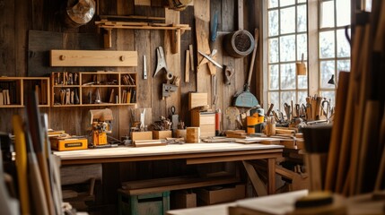 Aufkleber - A cozy woodworking shop with carpentry tools and lumber, Woodworking tools organized on workbenches, Rustic workshop style