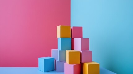 Poster - A creative building blocks arrangement in a minimalist studio, Blocks arranged in abstract patterns, Contemporary artistic style