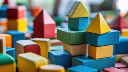 Poster - A creative construction site with colorful building blocks, Blocks arranged in imaginative structures, Playful construction style