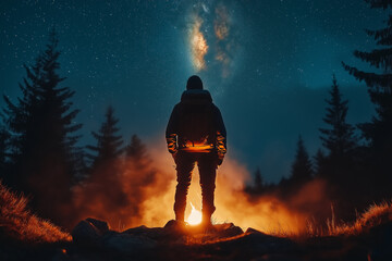 A man stands in front of a fire in the woods Generative Ai.