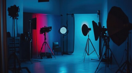 Poster - A creative photography studio with cameras and lighting equipment, Studio backdrop set for a professional shoot, Contemporary artistic style
