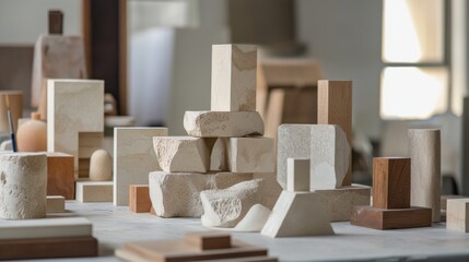 Poster - A creative workshop with artists crafting abstract sculptures from blocks, Blocks arranged for artistic expression, Contemporary art style