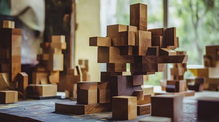 Poster - A creative workshop with artists crafting abstract sculptures from blocks, Blocks arranged for artistic expression, Contemporary art style