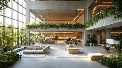 Poster - Modern office interior with greenery and open spaces for collaboration and relaxation.