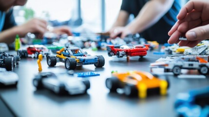Poster - A creative workshop with engineers constructing prototype vehicles using modular blocks, Blocks arranged for vehicle design, Automotive innovation style
