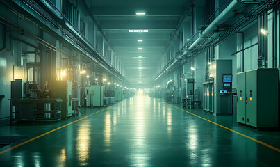 Poster - A spacious industrial corridor with machinery and lighting, showcasing a manufacturing environment.