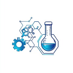 Poster - Scientific research, chemical formula, gear, flask.