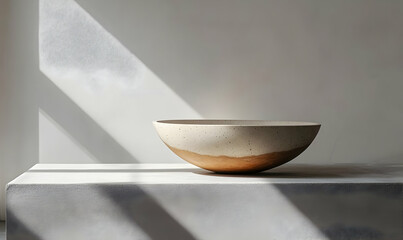 Poster - A minimalist ceramic bowl casts shadows on a simple surface, highlighting its design.