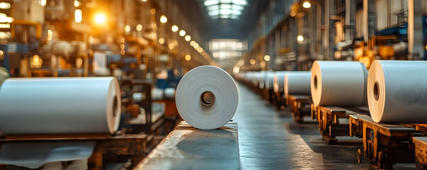 Poster - Industrial scene featuring large rolls of paper in a factory setting.