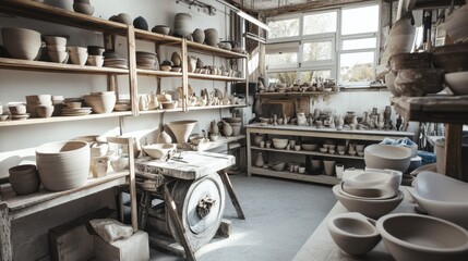 Poster - A dynamic pottery studio with spinning wheels and clay sculptures, Artisanal workspace filled with ceramic creations in progress, Contemporary craft style
