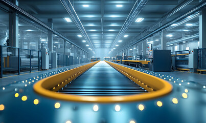 Poster - An industrial conveyor belt in a spacious warehouse, designed for efficient material handling.