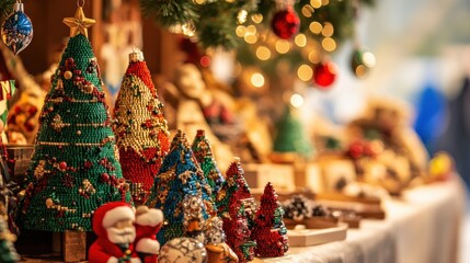 Poster - A festive holiday market with vendors showcasing handmade crafts and decorations made from blocks, Blocks used in festive holiday displays, Artisan market style
