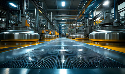 Poster - Industrial facility with large equipment and a polished floor, focused on manufacturing processes.