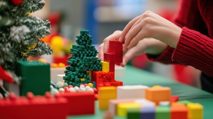 Poster - A festive holiday workshop with artisans creating seasonal decorations using blocks, Blocks arranged in festive holiday themes, Seasonal decor style