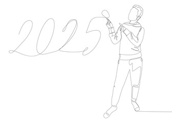 Poster - One continuous line of Man pointing with finger at number 2025. Thin Line Illustration vector concept. Contour Drawing Creative ideas.
