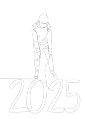 Wall Mural - One continuous line of Man pointing with finger at number 2025. Thin Line Illustration vector concept. Contour Drawing Creative ideas.