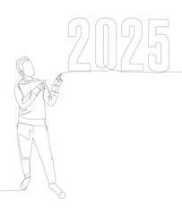 Wall Mural - One continuous line of Man pointing with finger at number 2025. Thin Line Illustration vector concept. Contour Drawing Creative ideas.