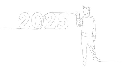Poster - One continuous line of Man pointing with finger at number 2025. Thin Line Illustration vector concept. Contour Drawing Creative ideas.