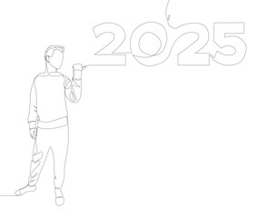 Poster - One continuous line of Man pointing with finger at number 2025. Thin Line Illustration vector concept. Contour Drawing Creative ideas.