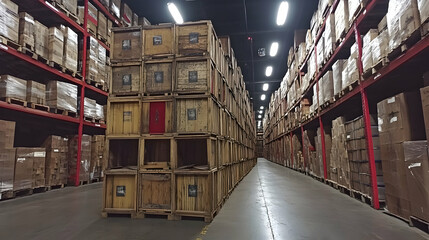 Poster - A warehouse filled with stacked wooden crates and organized shelving.