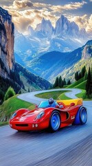 Wall Mural - A vibrant red sports car drives along a winding road in a mountainous landscape.